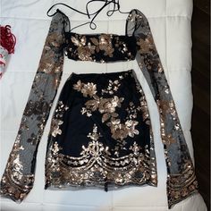 Size Xs Never Worn. Bought And Decided Not To Wear. Sold Out On Website Super Cute And Flattering Black Evening Sets For Spring, Black Summer Party Sets, Glamorous Fitted Sets For Date Night, Black Party Sets For Summer, Spring Fitted Sequin Sets, Fitted Sequin Sets For Spring, Black Sequined Long Sleeve Sets, Black Sequin Long Sleeve Sets, Black Long Sleeve Sequin Set