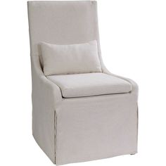 a white chair with two pillows on it's back and the seat upholstered