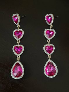 3" Long Pink Crystal Heart Earrings, Dangle Earrings, Fashion Jewelry for Women, Gift for her, Party Jewelry Glamorous Drop Earrings For Valentine's Day, Teardrop Earrings For Valentine's Day Party, Pink Heart Cut Earrings For Party, Valentine's Day Party Dangle Jewelry, Dangle Heart Earrings For Party, Heart-shaped Dangle Earrings For Party, Glamorous Dangle Earrings For Valentine's Day, Glamorous Heart Drop Earrings For Valentine's Day, Valentine's Day Party Drop Earrings