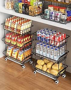 two metal shelves filled with food on top of a hard wood floor next to a white wall