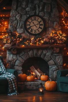 a living room filled with furniture and a fire place covered in pumpkins next to a clock