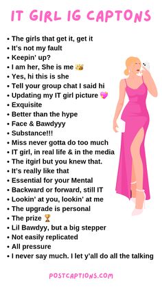 a woman in a pink dress talking on a cell phone with the words it girl captions