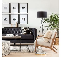 a black and white living room with pictures on the wall, a couch, chair and coffee table