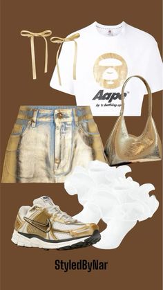 a woman's outfit with gold and white shoes, shorts, t - shirt and handbag