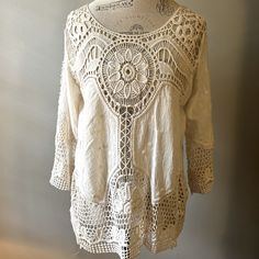 Taylor And Sage Size Large Ivory Color Blouse Cotton With Crochet Trim. 3/4 Sleeves. Pet Free/Smoke Free Home. Nwot. Never Worn White 3/4 Sleeve Tops For Layering, Beige Long Sleeve Crochet Top For Spring, Bohemian 3/4 Sleeve Summer Blouse, Bohemian Blouse With 3/4 Sleeves For Summer, Spring Lace Top With 3/4 Sleeves, Bohemian Half Sleeve Blouse For Beach, Bohemian Half Sleeve Beach Blouse, Cream Long Sleeve Crochet Top For Summer, Cream Crochet Top For Spring Layering