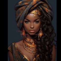 an african woman with long hair wearing gold jewelry and a turban on her head