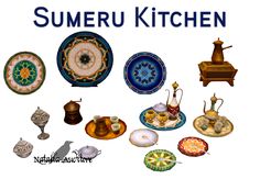 there are many different plates and cups on the table with words that read sumeru kitchen