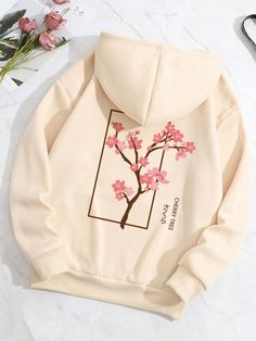 Letter   Floral Print Drawstring Thermal Lined Hoodie Easy 30 day return policy Hoodies From Shein, Cute Hoodies For Women, Hoodies Print Ideas, Japanese Sweatshirt, Peach Hoodie, Cute Hoodies, Kawaii Hoodie, Printed Hoodies Sweatshirts, Stylish Hoodies