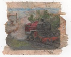 a drawing of a train traveling down the tracks