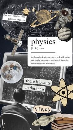 the cover of physics, with an image of a man sitting in front of a blackboard