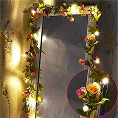 a mirror that has flowers on it and some lights around the frame in front of it