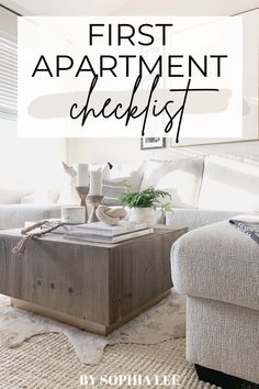 the first apartment checklist is here and it's all in white with text overlay that reads, first apartment checklist