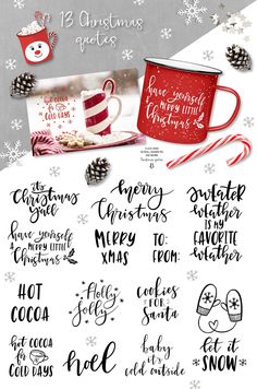 the christmas bundle includes coffee mugs, candy canes and snowflakes with hand lettering