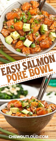 easy salmon poke bowl with chopsticks in it