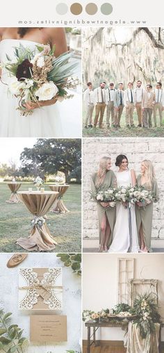 wedding color palettes with greenery and white flowers in shades of green, brown, gold