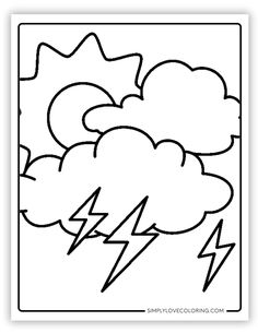 a coloring page with clouds and lightnings