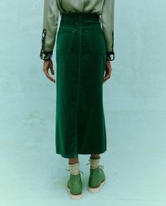 THE VELVET COLUMN SKIRT Green Velvet Skirt, Denim Sweater Jacket, Holiday 2024, 50th Clothing, Female Friendship, Column Skirt, Red Wing Shoes, Denim Sweater, The Velvet