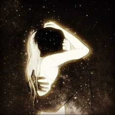 a woman with her arms around the back of her head, in front of stars