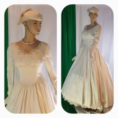 Stunning vintage Victorian/Edwardian style wedding gown in ivory. Dress fits best size small to medium Model is 5 foot 9 inches tall with bust of 36 inches Crinoline ,hat and gloves are  not included  Please send me a message if you have questions.  Color ivory  Fabric satin Beautiful lace and beads decorate the neckline transparent netting around neck See measurement on photos please Fitted Cream Victorian Ball Gown, Elegant Fitted Gown For Church, Cream Victorian Ball Gown For Wedding, Regency Style Fitted Wedding Gown, Fitted Victorian Dress For Debutante Ball, Vintage Fitted Wedding Dress For Debutante Ball, Vintage Victorian Ball Gown For Debutante Ball, Victorian Ball Gown Dress For Wedding, Classic Victorian Wedding Dress With Fitted Bodice