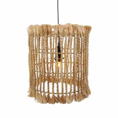 a light hanging from a ceiling fixture made out of rope and jute material with a black cord