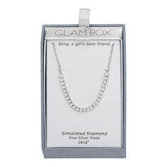 Dress to dazzle when you wear this Glam Box simulated diamond tennis necklace. Click on this JEWELRY & WATCHES GUIDE to learn about fit, styles, materials and more! Dress to dazzle when you wear this Glam Box simulated diamond tennis necklace. Click on this JEWELRY & WATCHES GUIDE to learn about fit, styles, materials and more! FEATURES Chain length: 16 in. + 2-in. extender Chain type: link Clasp: lobster-claw Nickel free Metal: brass Plating: fine silver Finish: polished Packaging: boxedSTONE D Cubic Zirconia Tennis Necklace With Adjustable Chain As Gift, Adjustable Tennis Necklace For Gift, Diamond Tennis Necklace, Tennis Necklace, Fine Silver, Chain Lengths, Lobster Claw, Chain Length, Jewelry Watches