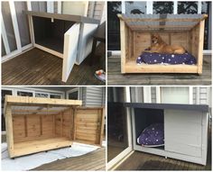 four pictures of dog beds made out of pallets and wooden boards, including one with a dog laying in it