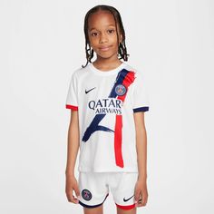 Nike 2024-25 PSG Youth Stadium Away Jersey 3-Piece Kit Outfit future little stars in a full uniform with this three-piece kit that includes a team jersey with matching shorts and socks. Inspired by what the pros wear during play, our Stadium collection has lightweight, sweat-wicking fabric to help keep young athletes comfortable while they zoom, scurry or play. Lightweight fabric moves sweat away from little ones' skin for quick evaporation, helping them stay dry and comfortable. Breathable knit fabric feels soft and smooth. Replica design gives this kit details modeled after what the team wears. PRODUCT DETAILS Elastic waistband on shorts Body: 100% polyester. Socks: 65% polyester/33% nylon/2% spandex. Material percentages may vary. Check label for actual content. Machine washImported Young Athletes, Team Wear, Team Jersey, Three Piece, Lightweight Fabric, A Team, 3 Piece, Nike, Skin