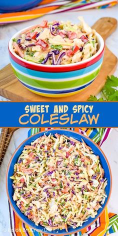 two bowls filled with coleslaw salad on top of a table