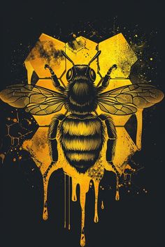 a bee with dripping yellow paint on it's face and wings, sitting in front of a black background