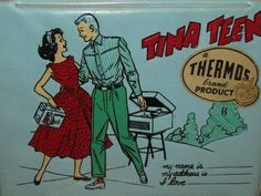 an old tin box with a man and woman cooking