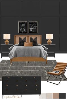 a bedroom is shown with black walls and gray carpeted flooring, including a bed,