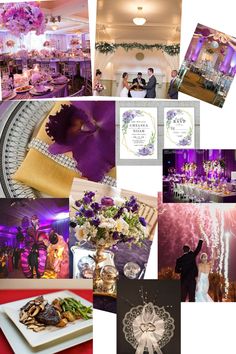 a collage of photos with purple and white decor