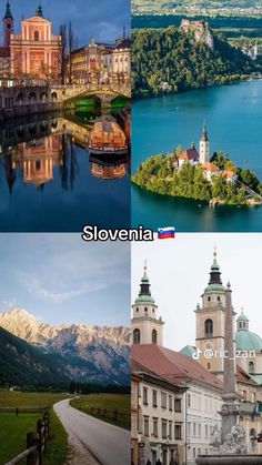 four different pictures with the name slovenia on them, and an island in the middle