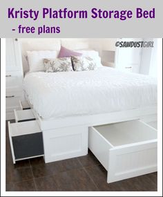 a white bed with drawers underneath it and the words kristy platform storage bed - free plans