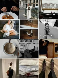 a collage of photos with women in different outfits and shoes, one woman is eating spaghetti while the other has her feet up