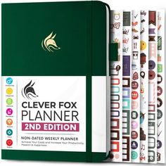 the clever fox planner book is next to it's cover and its contents are lined up