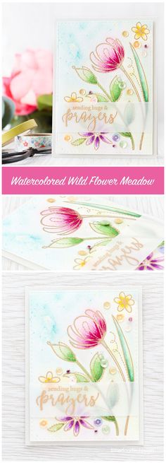 some cards with flowers on them and the words watercolor art flower meadow written in gold