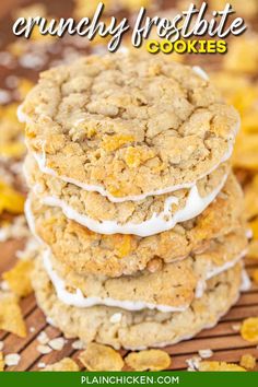 three cookies stacked on top of each other with the words crunchy frosted cookies