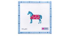 a cross stitch horse with pink flowers on it's back and blue trimmings