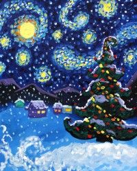 a painting of a christmas tree in front of a night sky with stars and lights