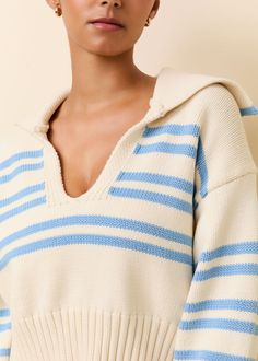 Meet The Lola Pullover, your new favorite throw-on-and-go knit. Offering a relaxed, cropped fit with a collared v-neckline. Throw it over your swimsuit or style with your Celeste Short. This is an exclusive style. Wear To Work Dress, Knit Outerwear, Marina Blue, Solid & Striped, Blue Solid, Matching Dresses, Sporty Style, Wearing Dress, Blue Stripes