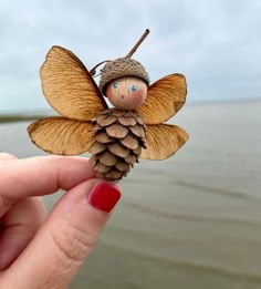 a hand holding a tiny pine cone with a small doll on it's back