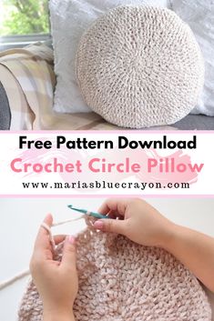 the crochet circle pillow is being worked on by someone using yarn to make it