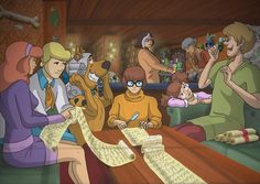 cartoon characters sitting around a table with papers