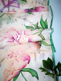 Hand painted silk scarf Pastel pink red Peonies and delicate lavenders falling with ribbon bows in blush backround. Natural Green leaves Scarf is painted on Ponge Silk. It is light semiglossy but not transparent silk. --------------------------------------------------------------------------------------------------------------------- This scarf is MADE TO ORDER and available even in 6 OBLONG sizes and 3 SQUARES: 21*x21 inches (55x55cm)- Very small square- Kerchief; wrist, head or bag band. 29x29 Pink Silk Scarf For Spring Wedding, Spring Wedding Pink Silk Scarf, Painted Saree, Green Silk Scarf, Saree Painting, Wrapped Lights, Shawl Wedding, Leaf Scarf, Fabric Painting On Clothes