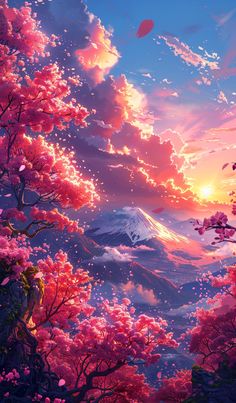 an image of a beautiful sunset in the sky with pink trees and mountains behind it