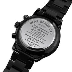 A personalized gift that can withstand constant use, this Engraved Design Black Chronograph Watch is the perfect gift for all the special men in your life. A thoughtful groomsmen gift, an anniversary memento, or a long-lasting keepsake for Father’s Day - it's a versatile piece sure to warm hearts and create smiles. Featuring a three-dial face, calendar function, and luxury pointer in a water-resistant and scratch-proof vessel. Made from high-quality Stainless Steel and featuring a Copper Dial. Ships in a gift box - so it can be sent directly to your lucky recipient. Product Details Stainless Steel (316L) Luxury Copper Dial Quartz Movement Water-resistance rating 3ATM (30m/100ft) Face Diameter 1.5″ (38.1mm) Watch Strap 7″ (177.8mm) Adjustable Clasp 3″ (76.2 mm) Customizable Black Watches For Gifts, Customizable Black Watch As A Gift, Customizable Black Watch As Gift, Customizable Black Watches As Gift, Single Mom Gifts, Unique Graduation Gifts, Bonus Dad Gifts, Distance Relationship Gifts, Special Needs Mom