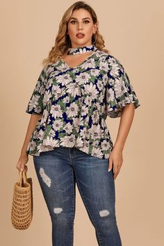 Introducing the Plus Size Floral Flutter Sleeve Cutout Blouse – designed with soft, lightweight material for all-day comfort and breathability. It features an intricate floral detail and unique cutouts, providing a flattering and feminine silhouette. A versatile must-have for any wardrobe. Sizing category: Plus Pattern type: Floral Style: Casual Features: Basic style Neckline: V-neck Length: Regular Sleeve length: Short sleeves Sleeve type: Regular sleeves Material: 100% polyester Stretch: No st Cutout Blouse, Feeling Pretty, Plus Size Floral, Graphic Tops, Winter Outfit Ideas, Floral Style, Plus Size Blouses, Basic Style, Casual Everyday