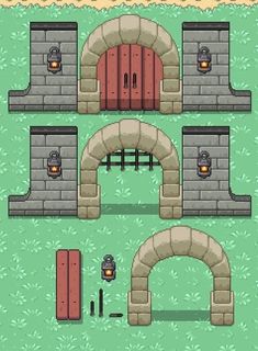 an image of a set of pixel style doors and gates in different stages of construction