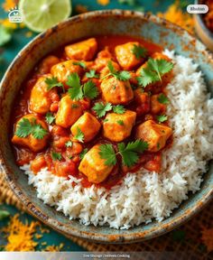 a bowl filled with rice and chicken curry